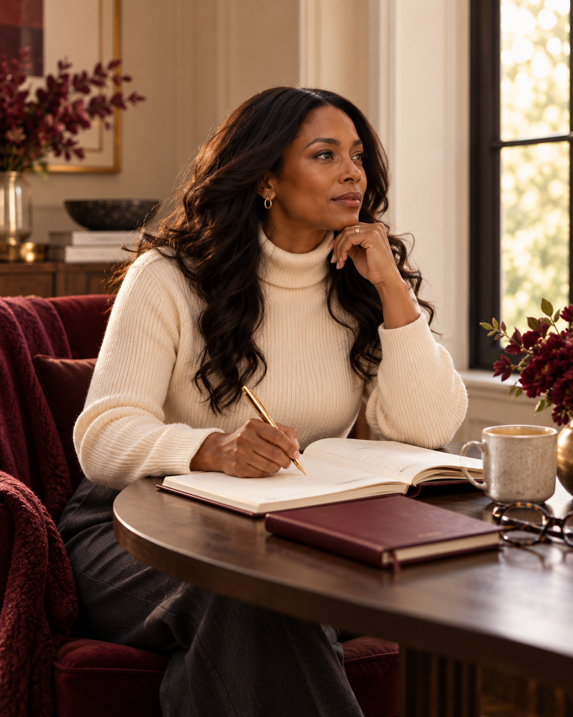 A woman reflecting and writing in her planning notebook