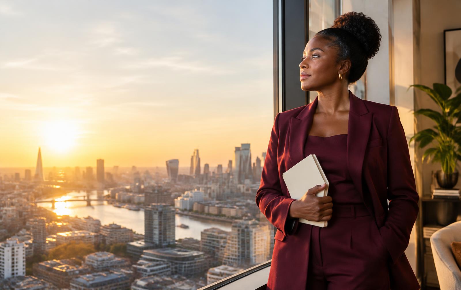 A woman looking ahead while holding her planning notebook