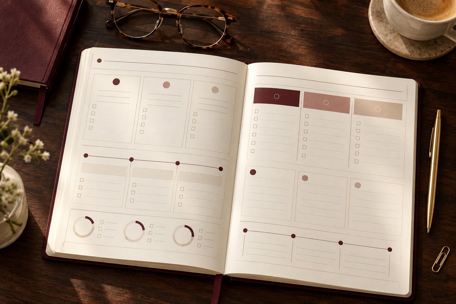 A 90-day planner spread open on a desk