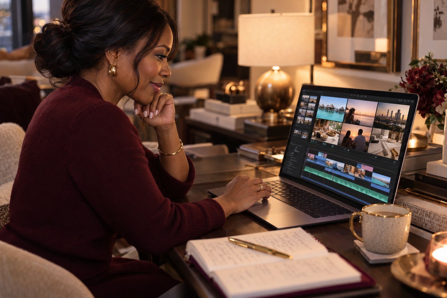 A woman editing her personal Mind Movie on a laptop