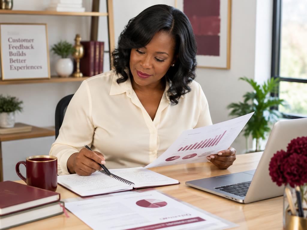 A professional woman reviewing customer feedback and charts