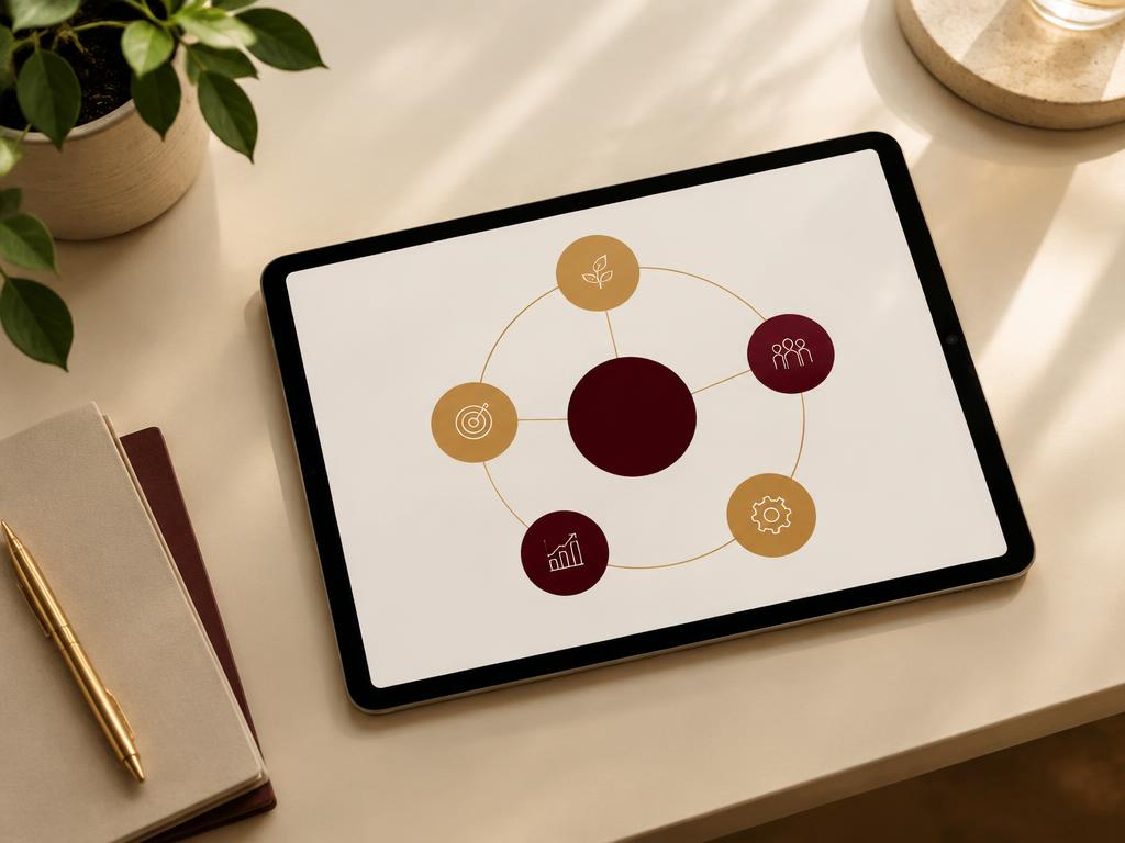 A tablet showing a circular framework diagram in burgundy and gold