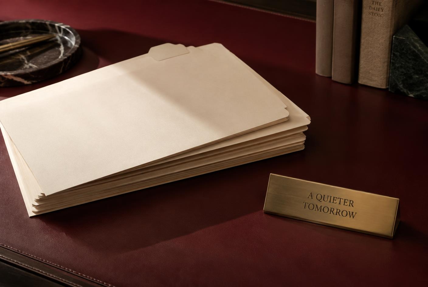 A stack of plain cream folders and a brass nameplate on a burgundy desk, representing expertise you own.