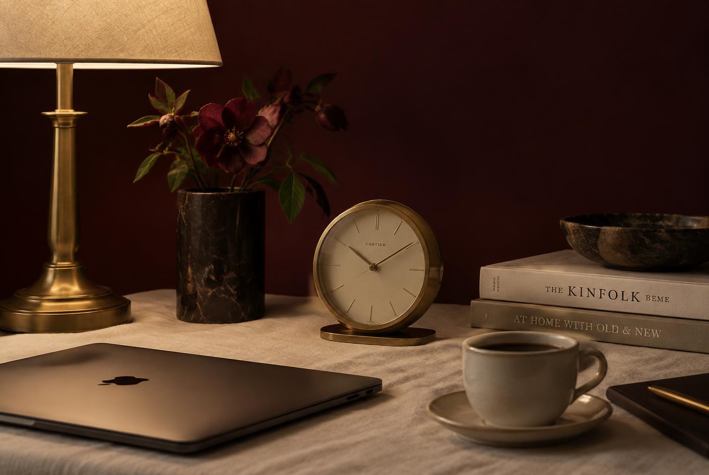 A brass desk clock beside a closed laptop and a cup of coffee under evening lamp light, representing building around a full-time job.